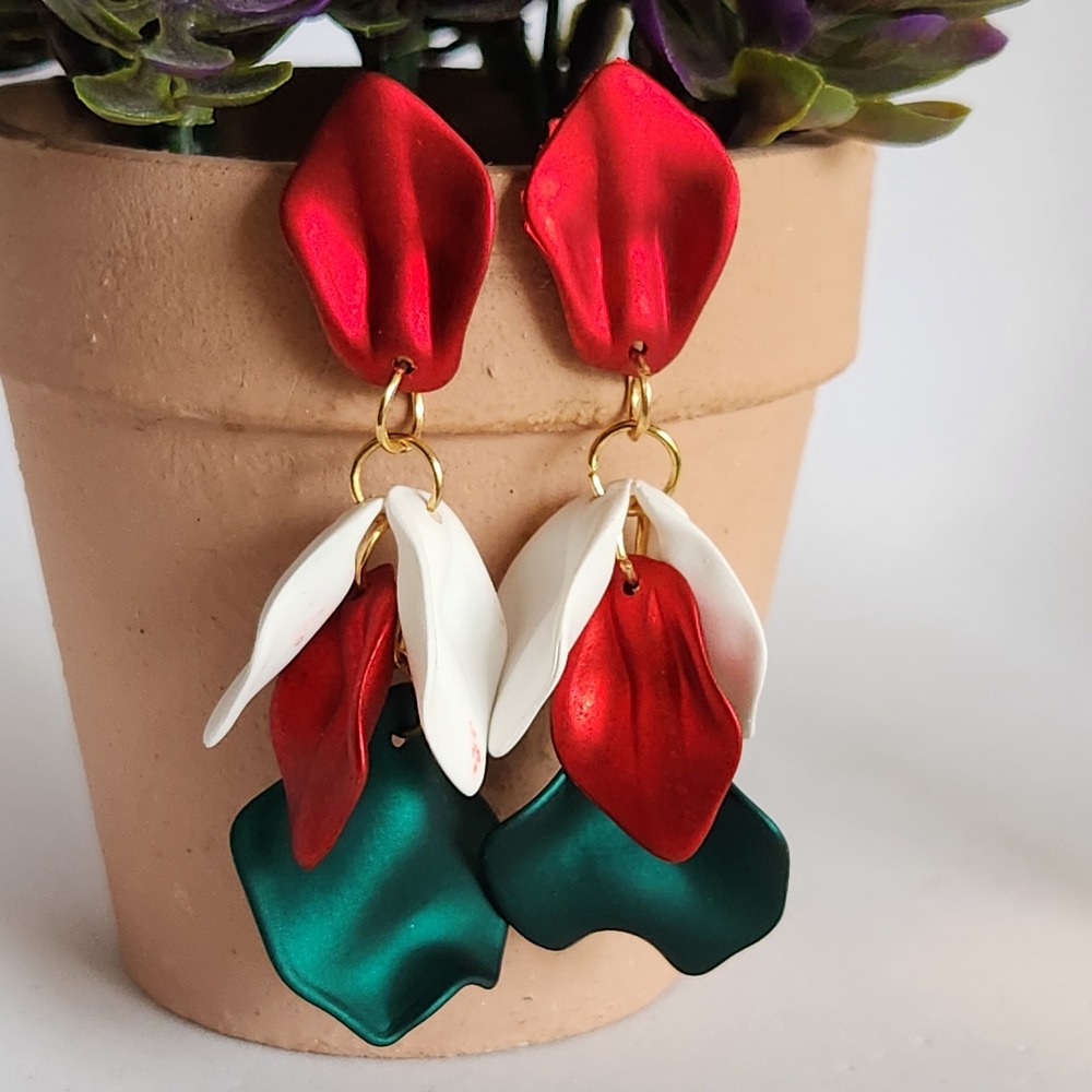 Red Green White Petal Drop Earrings Statement Christmas Floral Dangle 2.75"